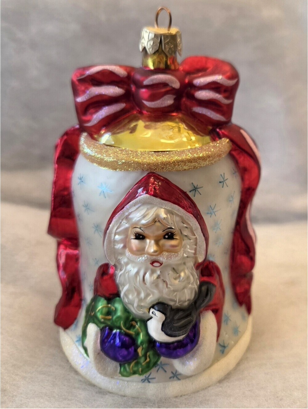 Christopher Radko 1999 Nick O'Bell 2 Santa w/Dove Bell Glass Ornament, 5", Mint